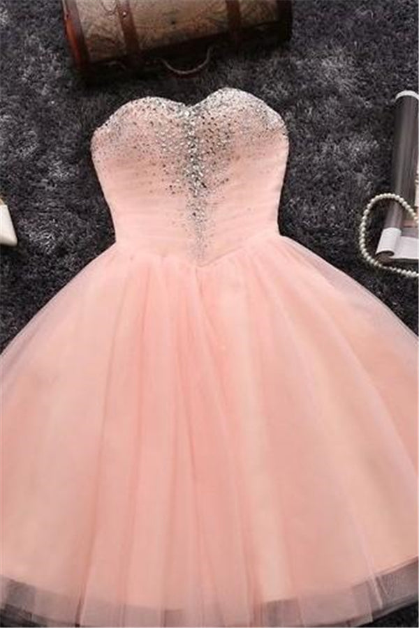Beads Sequins Short Homecoming Dresses Sweetheart Coral Pink Hoco Dress-showprettydress
