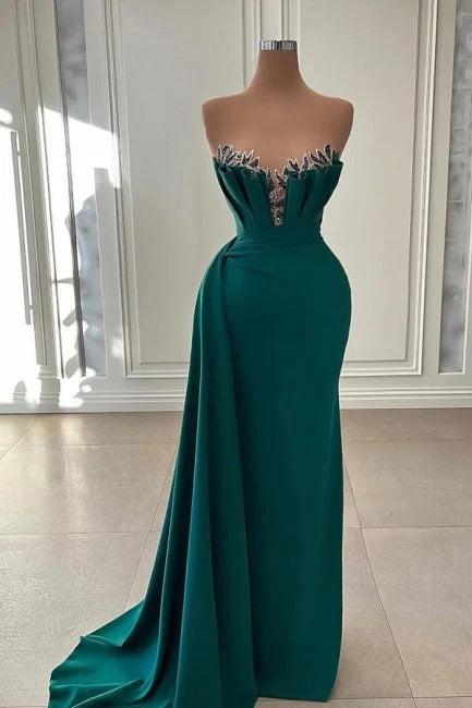 Beautiful Dark Green Long Mermaid Strapless Satin Prom Dresses-showprettydress