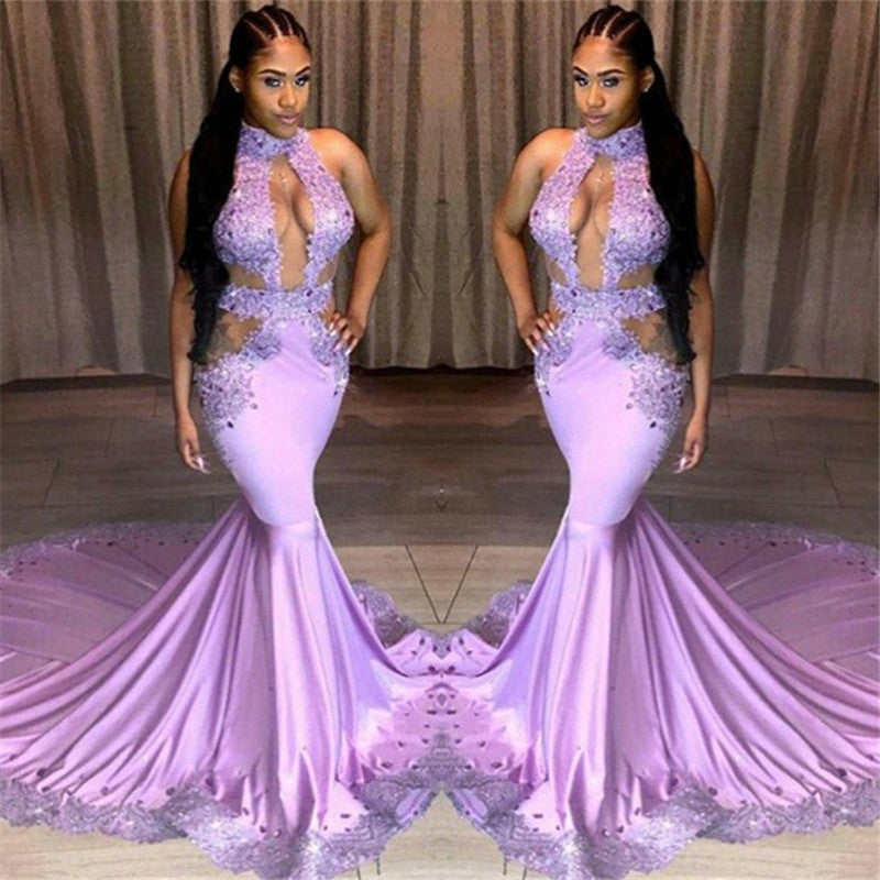 Beautiful Halter Sleeveless Sequins Appliques Lace Mermaid Prom Dresses-showprettydress