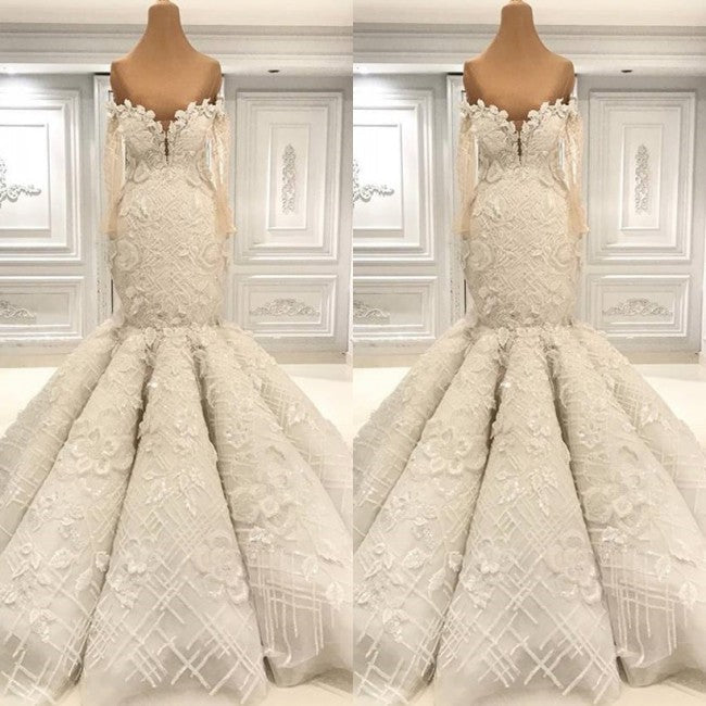 Beautiful Ivory Mermaid Sweetheart Lace Bridal Gowns for Wedding-showprettydress