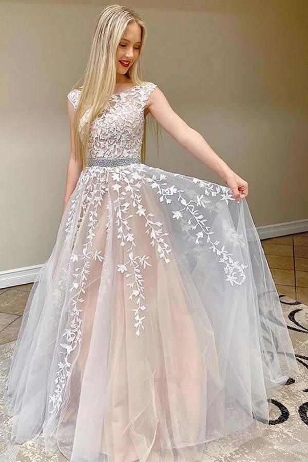 Beautiful Long A-line Lace Prom Dress Tulle Evening Party Gowns with C Beautiful Long A-line Lace Prom Dress Tulle Evening Party Gowns with C