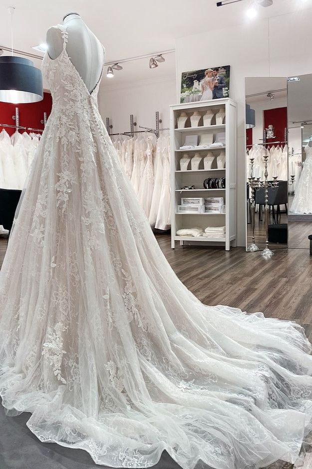 Beautiful Long A-line Tulle Lace V Neck Open Back Wedding Dresses-showprettydress