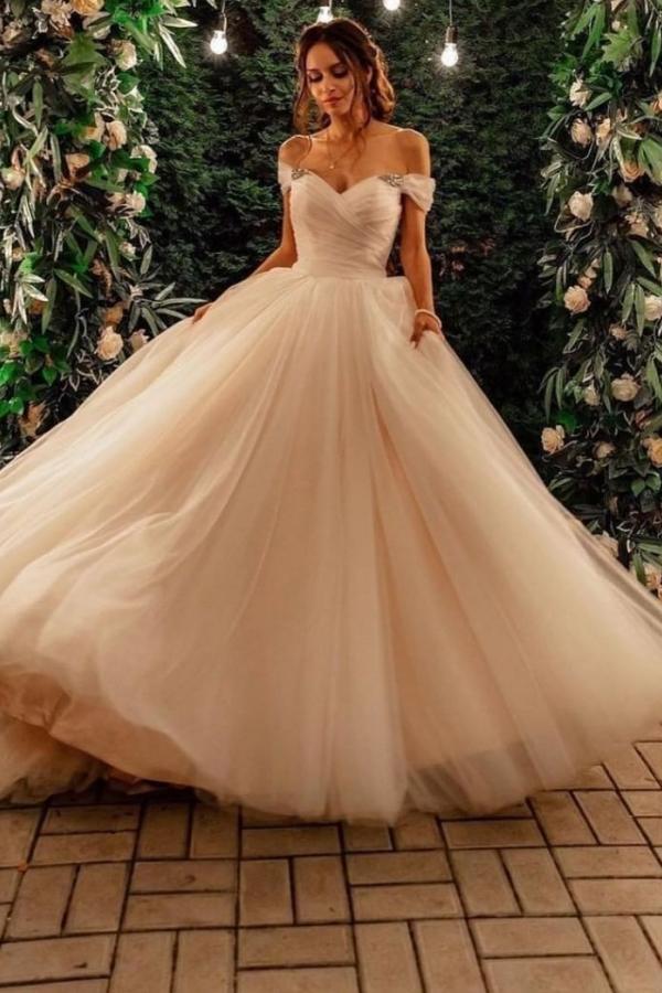 Beautiful Long Princess Tulle Off-the-shoulder A-line Wedding Dress with Chapel Train-showprettydress