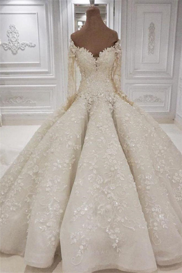 Beautiful Long Sleevess V neck Appliques Ball Gown Wedding Dress-showprettydress