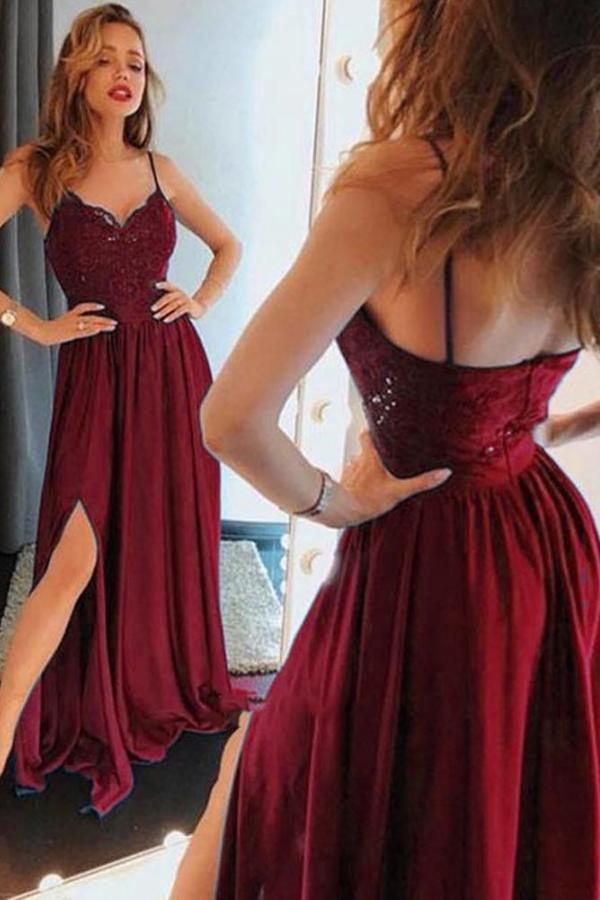 Beautiful Spaghetti-Straps Lace Appliques Prom Dress Long With Split-showprettydress