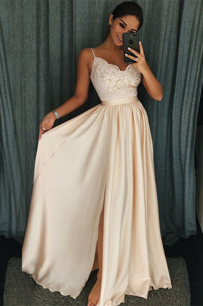 Beautiful Spaghetti-Straps Lace Appliques Prom Dress Long With Split-showprettydress