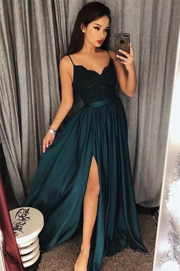 Beautiful Spaghetti-Straps Lace Appliques Prom Dress Long With Split-showprettydress