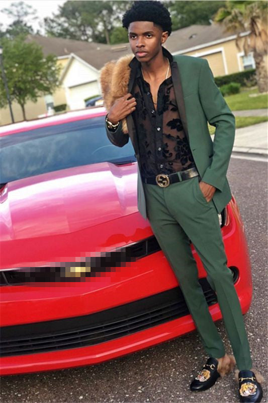 Bespoke Dark Green Men Suits Two Pieces Black Silk Shawl Prom Outfit Bespoke Dark Green Men Suits Two Pieces Black Silk Shawl Prom Outfit