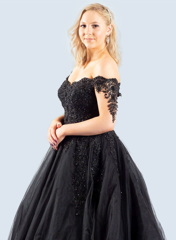 Black Gothic Ball-Gown Off-The-Shoulder Tulle Prom Dresses Featuring Appliques Lace-Showprettydress