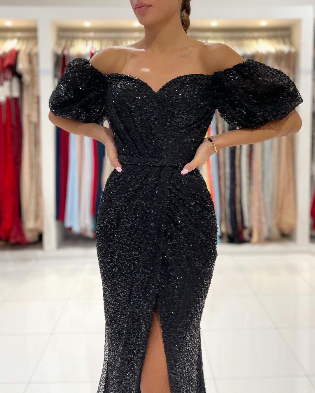 Black Long Mermaid Off-the-Shoulder Sequins Prom Dress With Slit-showprettydress