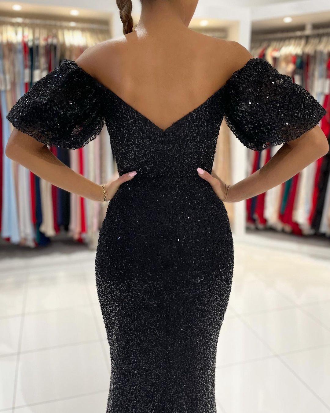 Black Long Mermaid Off-the-Shoulder Sequins Prom Dress With Slit-showprettydress