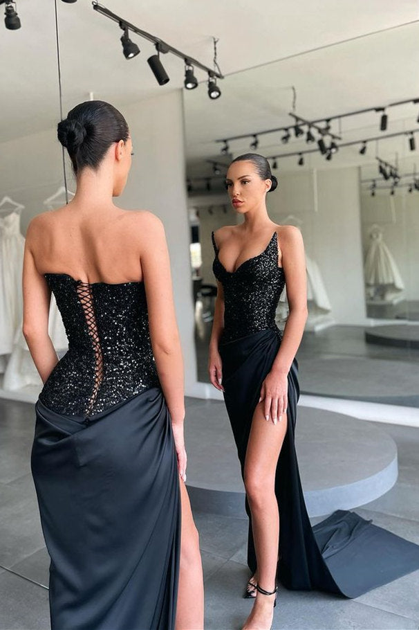 Black Long Mermaid Strapless Lace-up Sequined Prom Dress with Slit-showprettydress