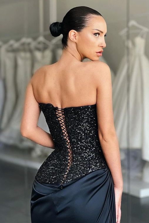 Black Long Mermaid Strapless Lace-up Sequined Prom Dress with Slit-showprettydress
