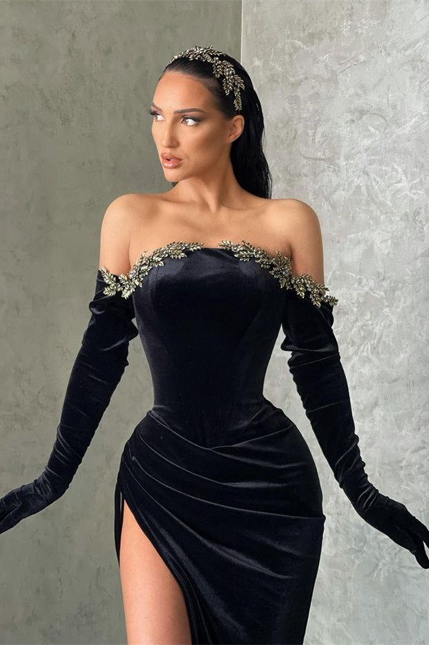 Black Long Mermaid Velvet Off-the-shoulder High Split Prom Dress with Sleeves-showprettydress