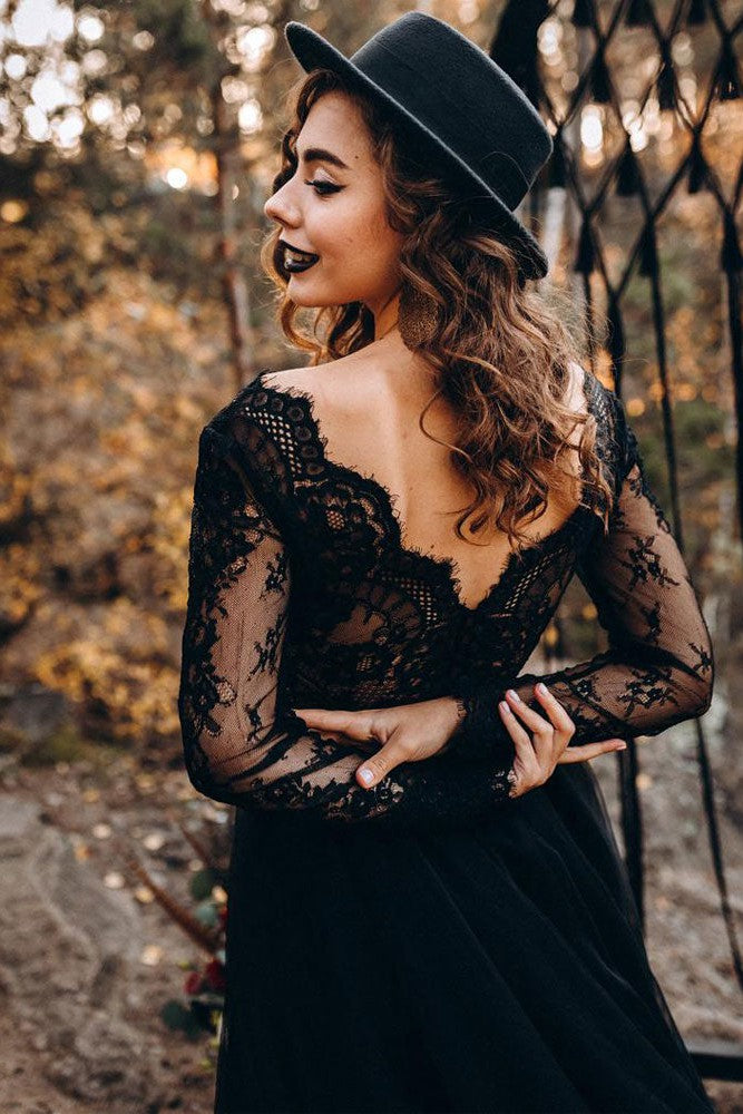 Black Long Sleeves Lace Evening Dress Tulle Party Gowns-Showprettydress