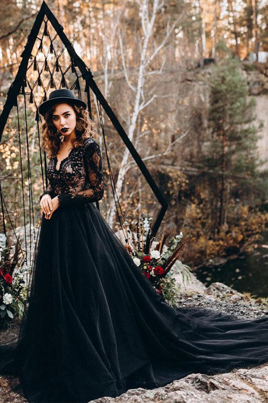 Black Long Sleeves Lace Evening Dress Tulle Party Gowns-Showprettydress