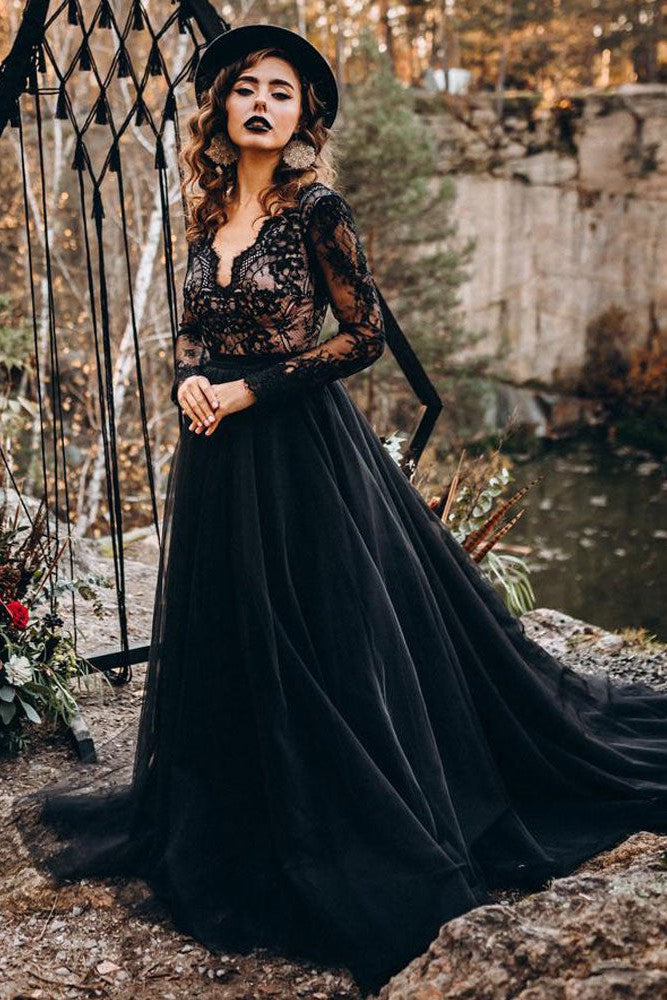 Black Long Sleeves Lace Evening Dress Tulle Party Gowns-Showprettydress