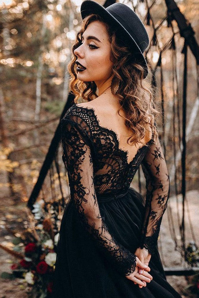 Black Long Sleeves Lace Evening Dress Tulle Party Gowns-Showprettydress
