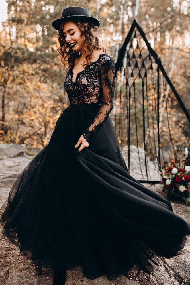 Black Long Sleeves Lace Evening Dress Tulle Party Gowns-Showprettydress