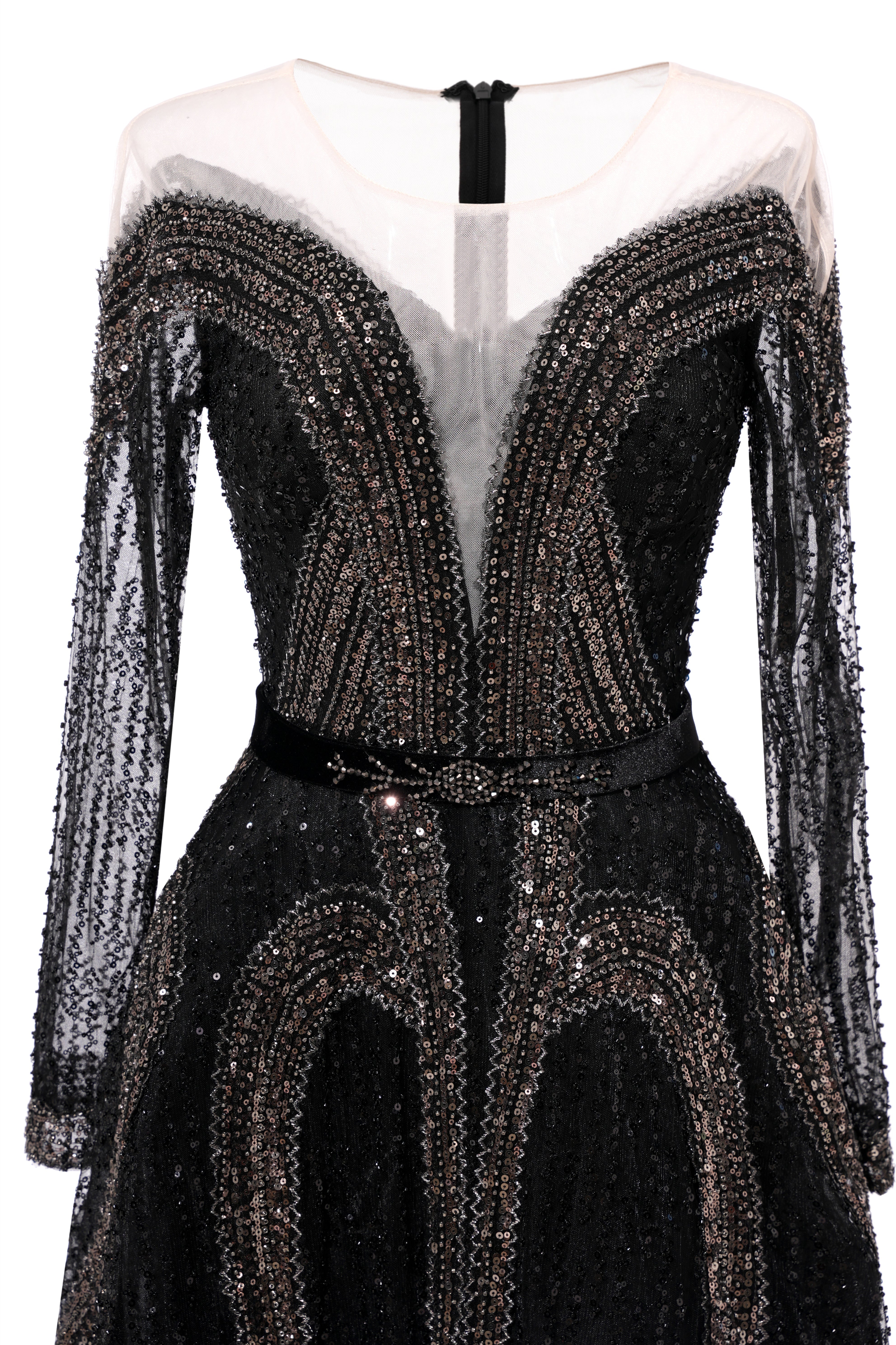 Black Long sleeves V-neck Luxury Sparkle Princess Evening Dresses-showprettydress