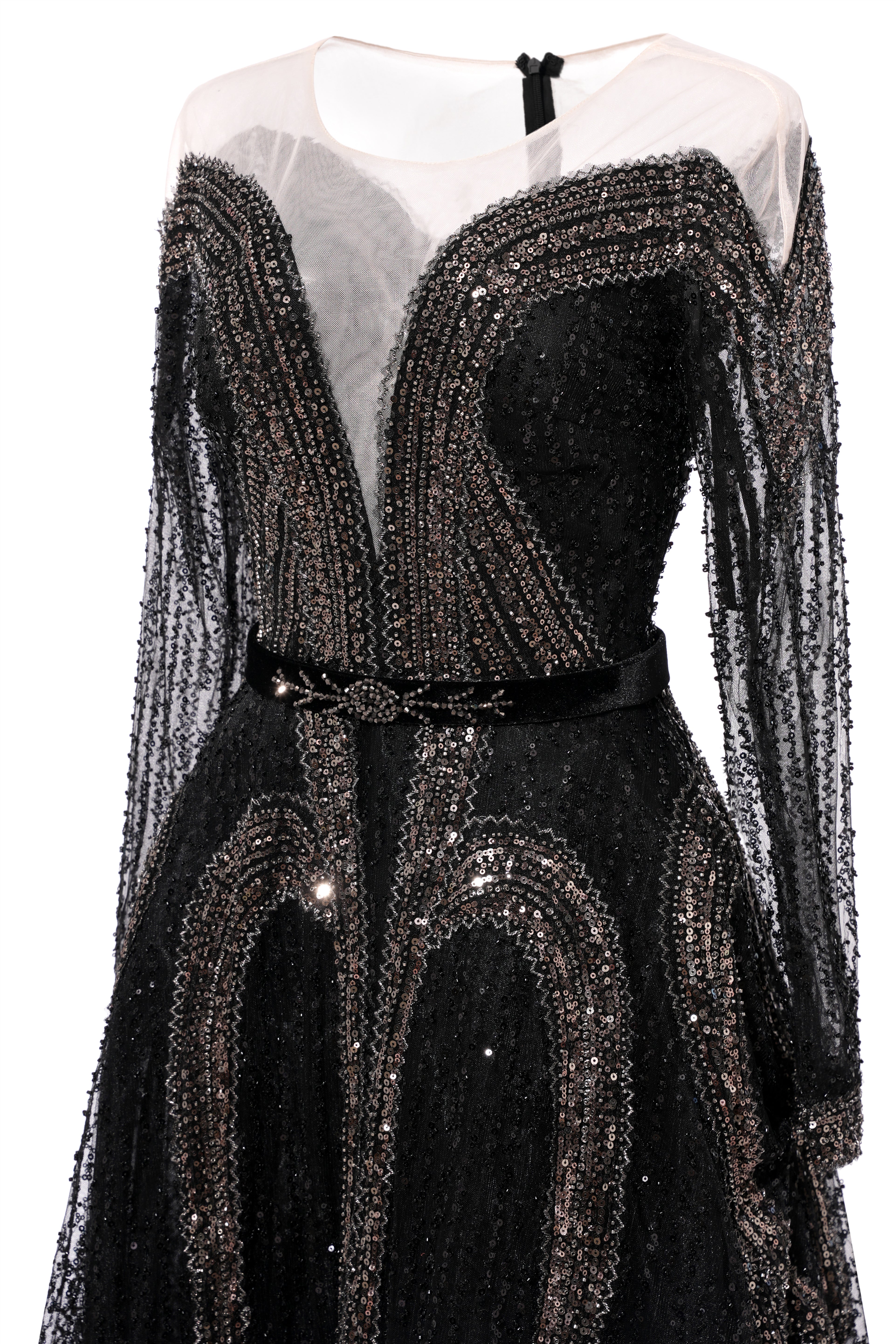 Black Long sleeves V-neck Luxury Sparkle Princess Evening Dresses-showprettydress