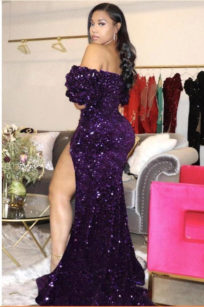 Black Plunging V neck Off the shoulder Knee length Mermaid Prom Dress-showprettydress