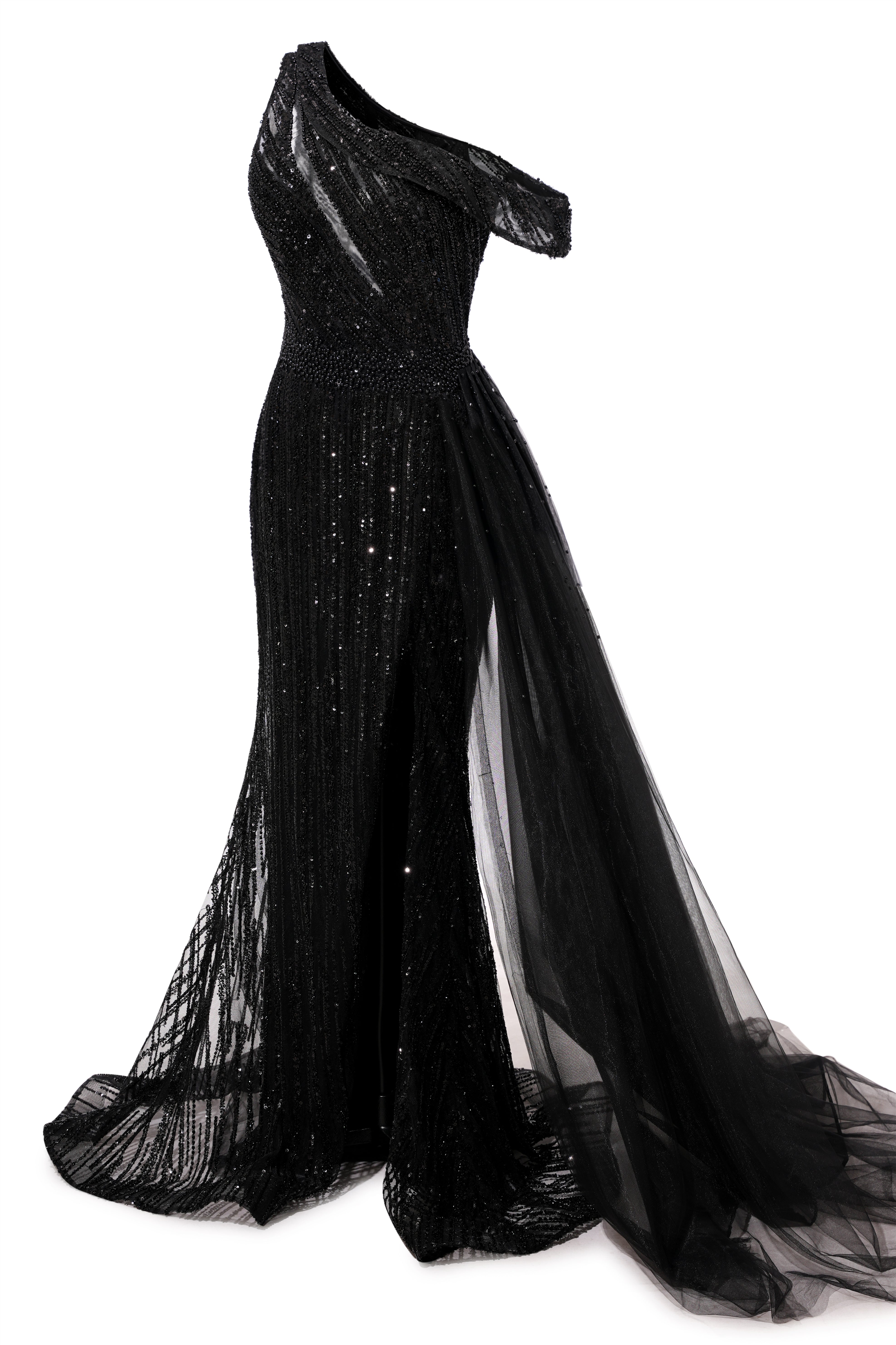Black Sparkle One shoulder Court Train Evening Dresses-showprettydress