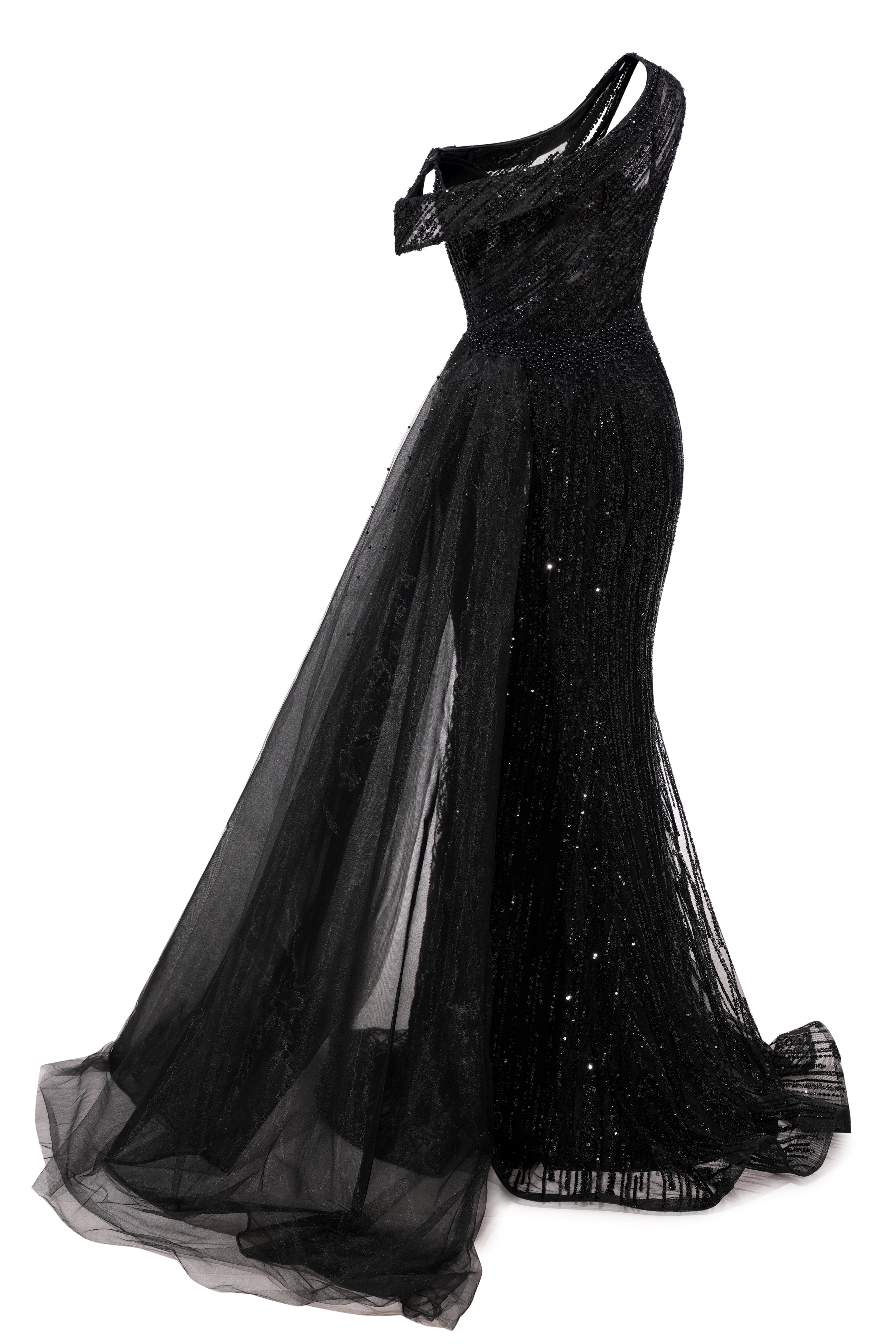 Black Sparkle One shoulder Court Train Evening Dresses-showprettydress