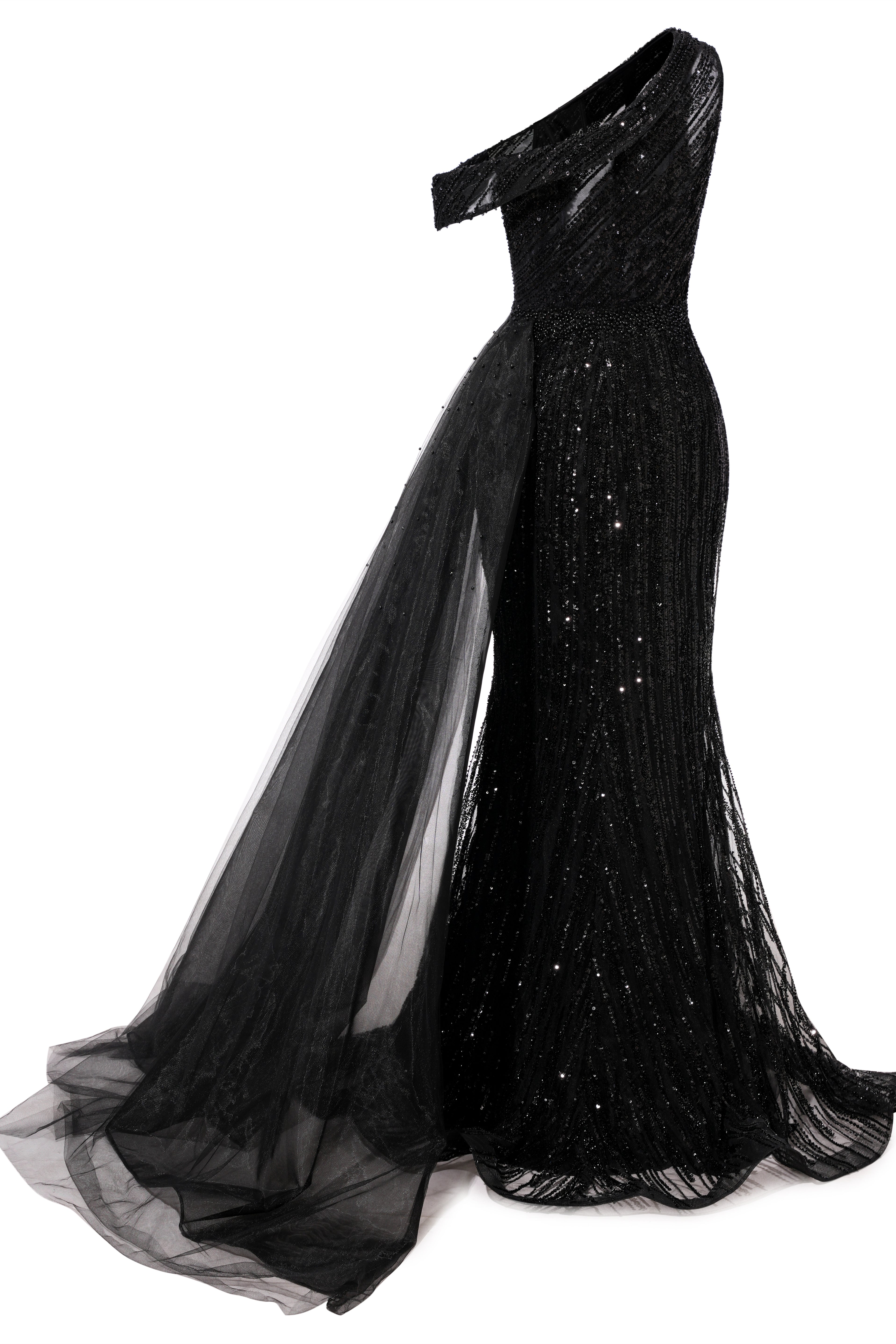 Black Sparkle One shoulder Court Train Evening Dresses-showprettydress