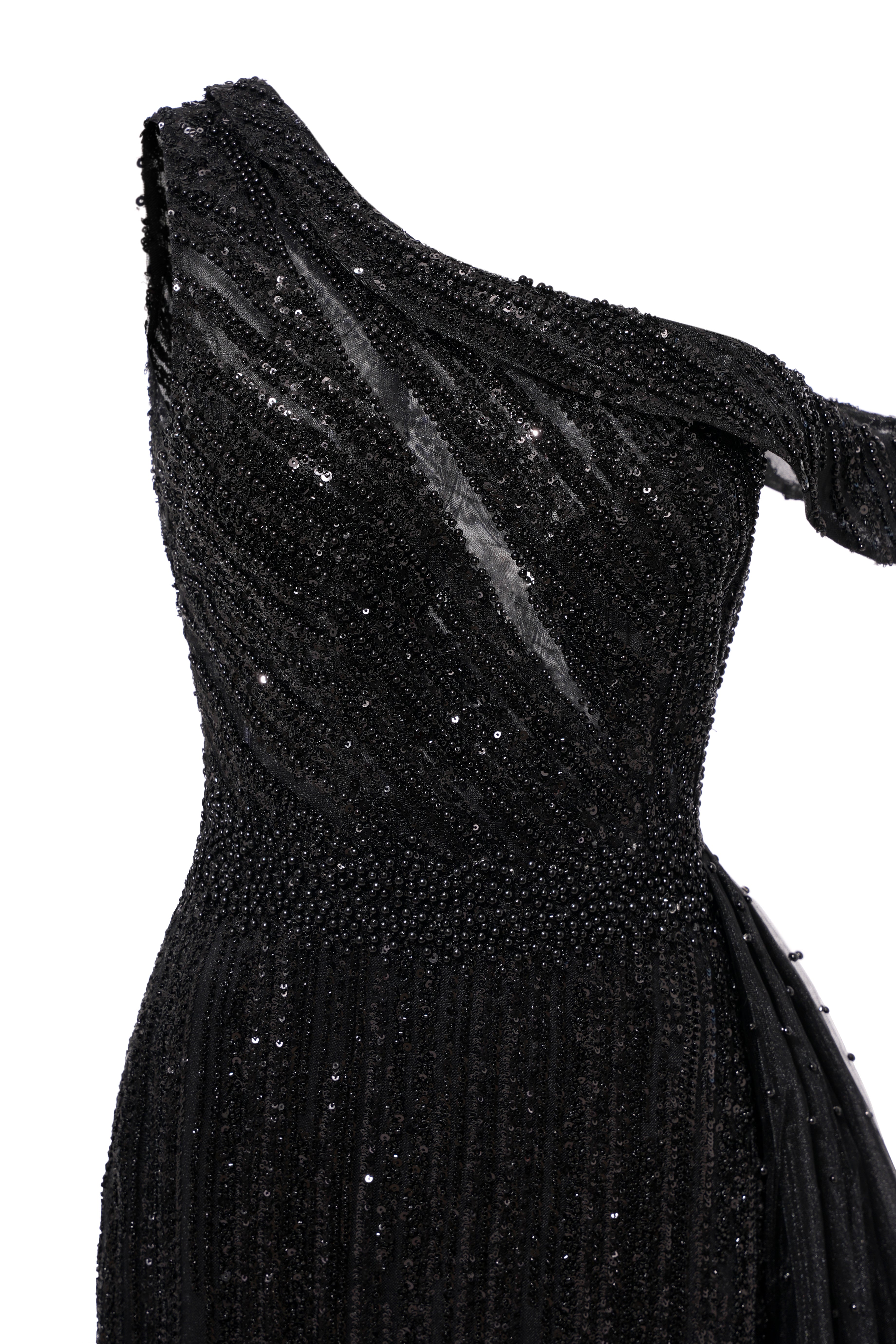 Black Sparkle One shoulder Court Train Evening Dresses-showprettydress