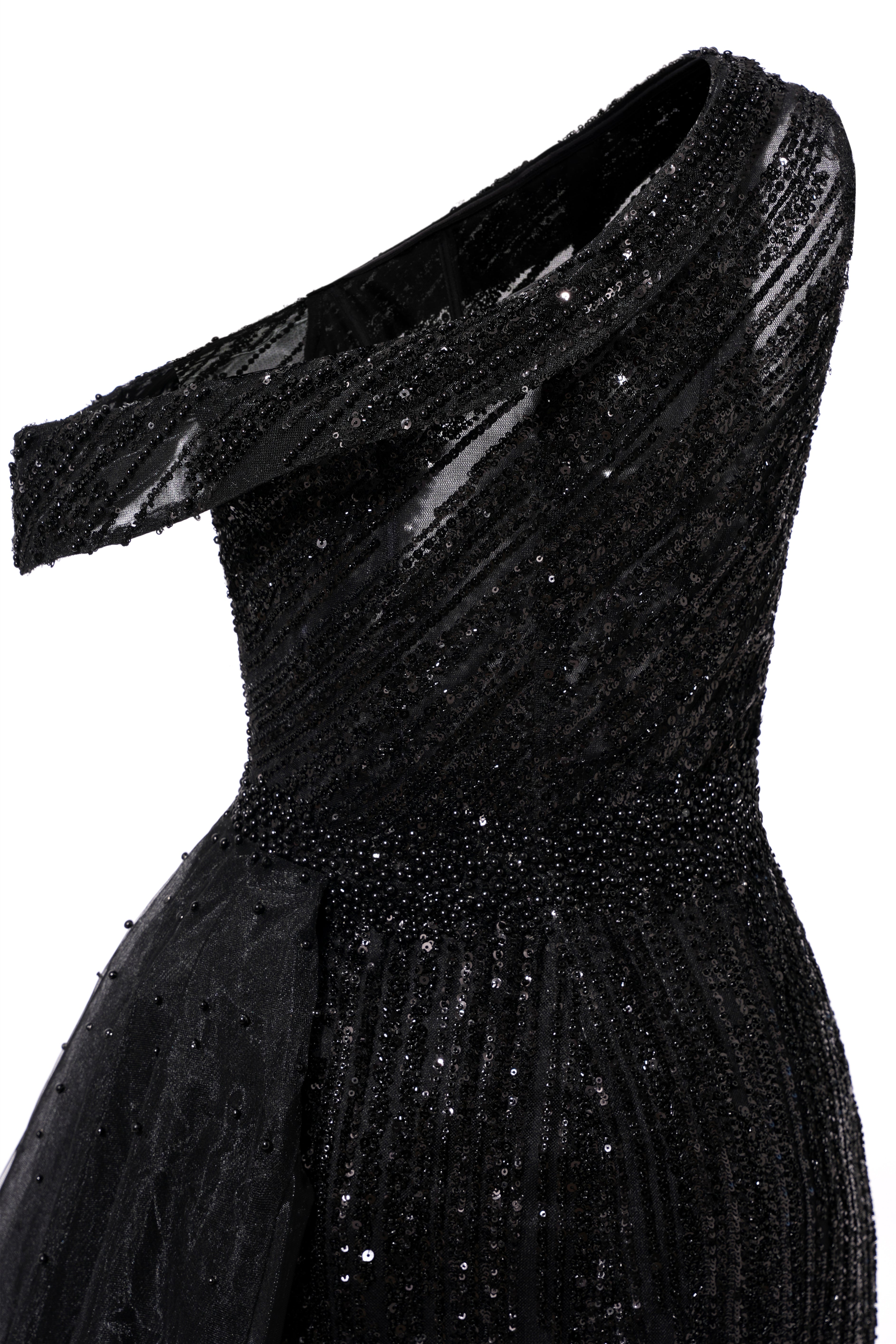 Black Sparkle One shoulder Court Train Evening Dresses-showprettydress