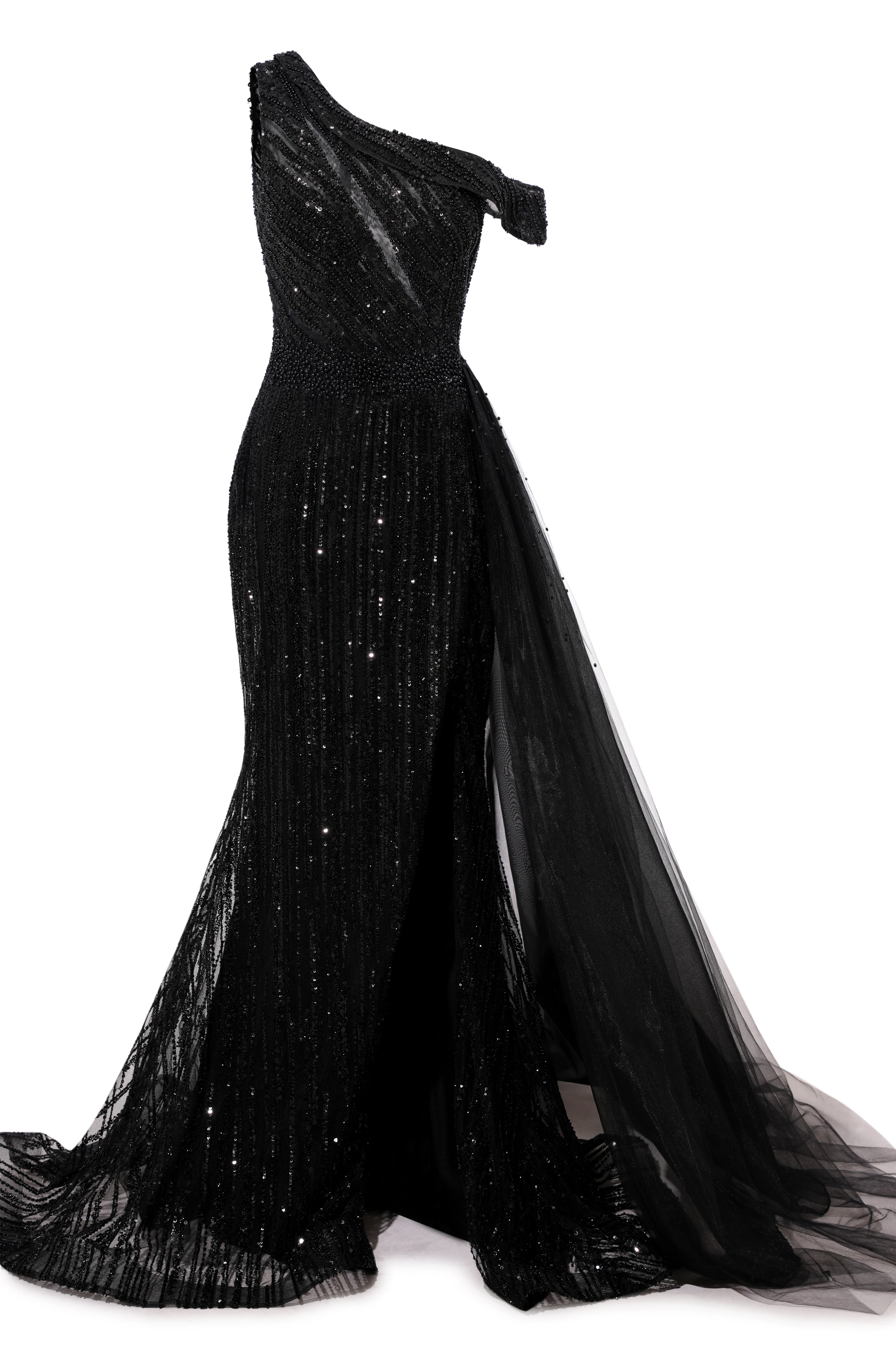 Black Sparkle One shoulder Court Train Evening Dresses-showprettydress