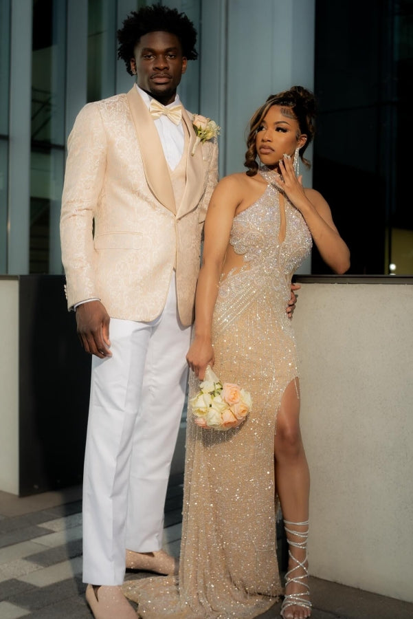 Bling Champagne Sequins High Neck Mermaid Prom Dress with Keyhole-showprettydress