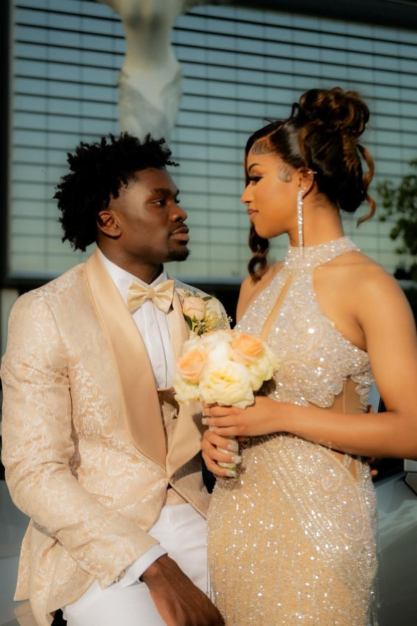 Bling Champagne Sequins High Neck Mermaid Prom Dress with Keyhole-showprettydress