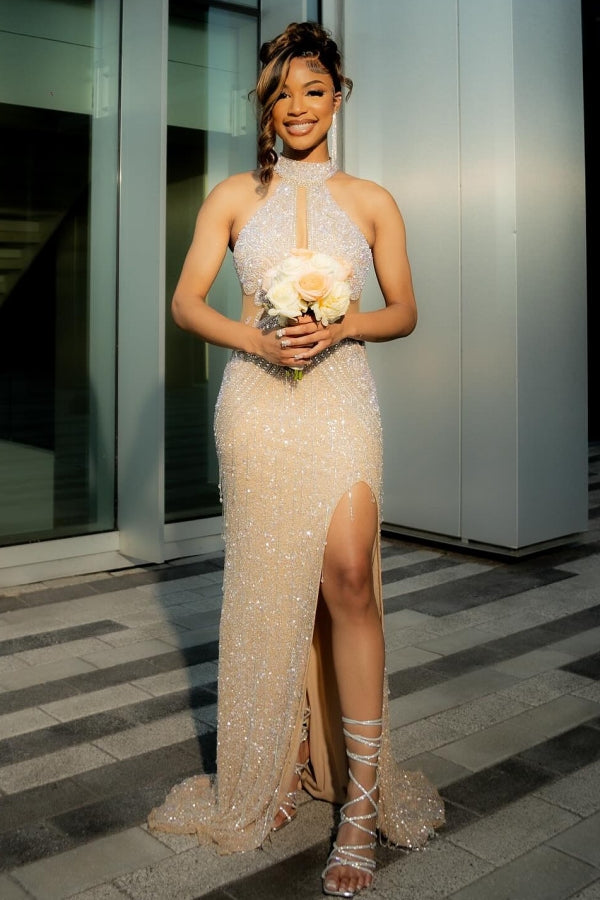 Bling Champagne Sequins High Neck Mermaid Prom Dress with Keyhole-showprettydress