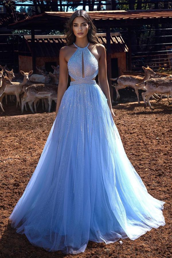 Blue Long A-line Halter Backless Prom Dress Tulle Evening Party Gowns Blue Long A-line Halter Backless Prom Dress Tulle Evening Party Gowns