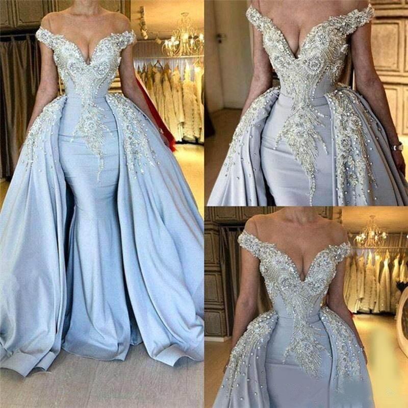 Blue Off-the-Shoulder V-neck Mermaid Beading Appliques Prom Dresses With Overskirt-showprettydress