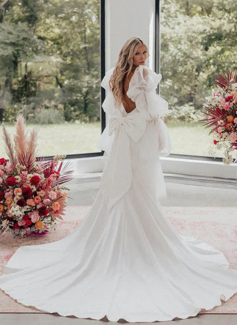 Boho Garden Mermaid Fitted Wedding Dress Open Back Bow-Showprettydress