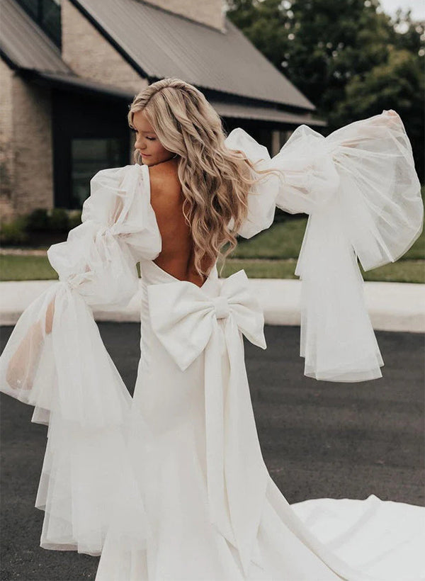 Boho Garden Mermaid Fitted Wedding Dress Open Back Bow-Showprettydress