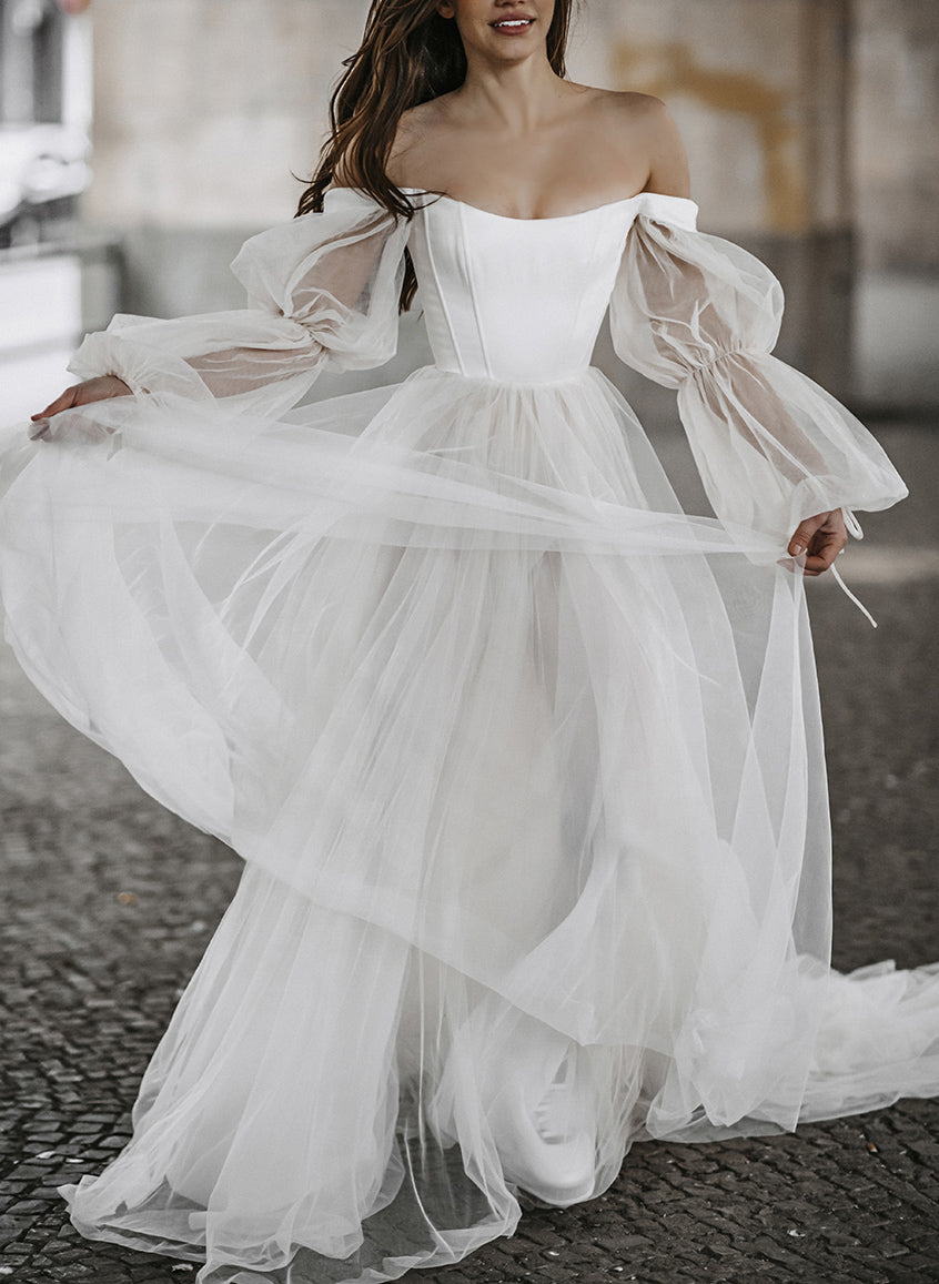 Boho Garden Tulle Off The Shoulder Long Sleeves A Line Wedding Dresses-Showprettydress