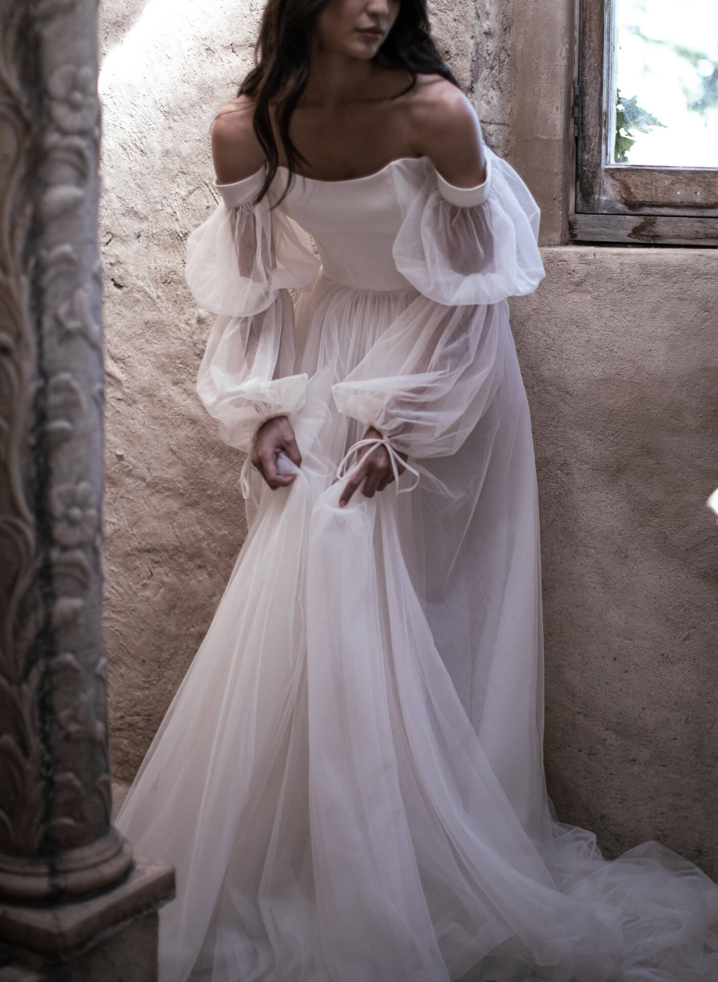 Boho Garden Tulle Off The Shoulder Long Sleeves A Line Wedding Dresses-Showprettydress