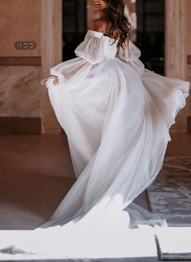 Boho Garden Tulle Off The Shoulder Long Sleeves A Line Wedding Dresses-Showprettydress