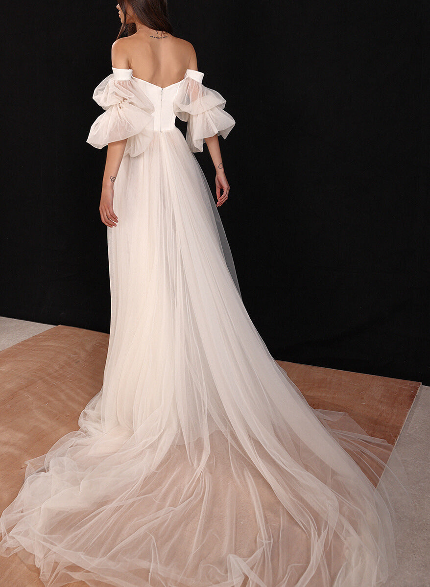 Boho Garden Tulle Off The Shoulder Long Sleeves A Line Wedding Dresses-Showprettydress