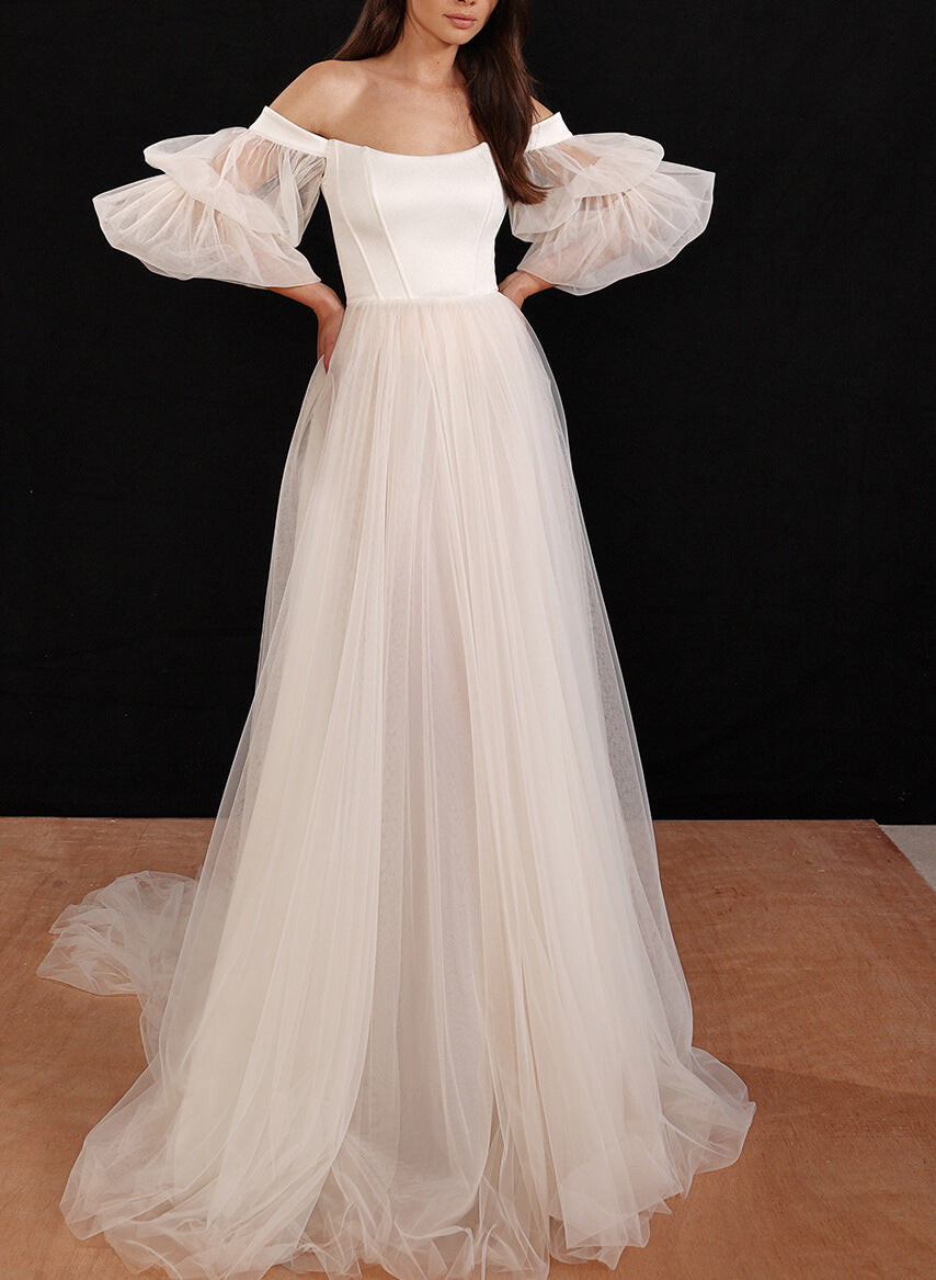 Boho Garden Tulle Off The Shoulder Long Sleeves A Line Wedding Dresses-Showprettydress