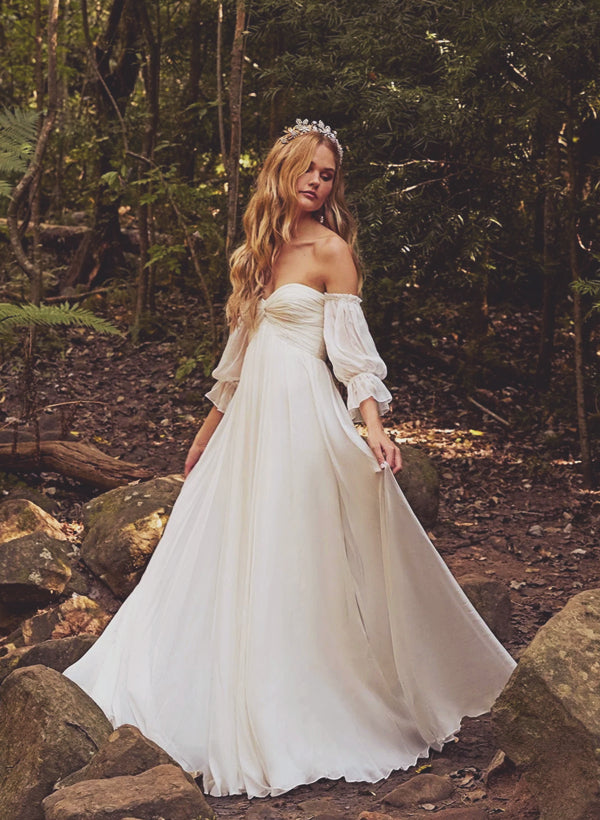 Boho Garden Wedding Dresses Off-the-Shoulder Long Sleeves Chiffon Sweep Train-Showprettydress