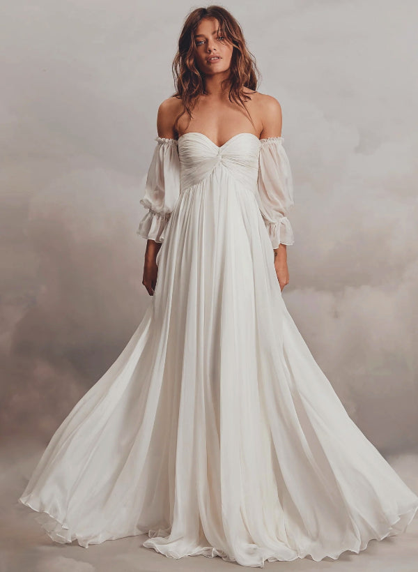 Boho Garden Wedding Dresses Off-the-Shoulder Long Sleeves Chiffon Sweep Train-Showprettydress