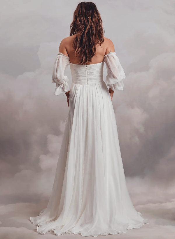 Boho Garden Wedding Dresses Off-the-Shoulder Long Sleeves Chiffon Sweep Train-Showprettydress