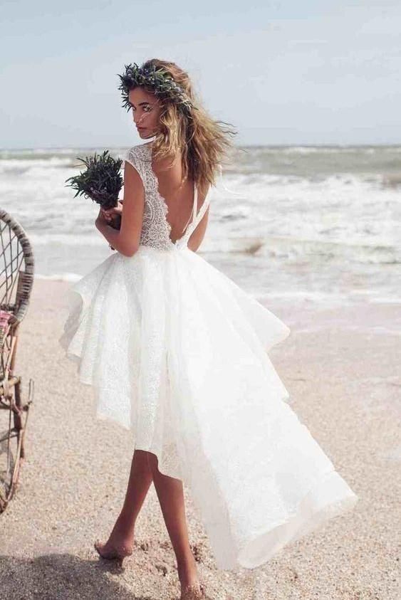 Boho High Low A-line Bateau Lace Beach Wedding Dress-showprettydress