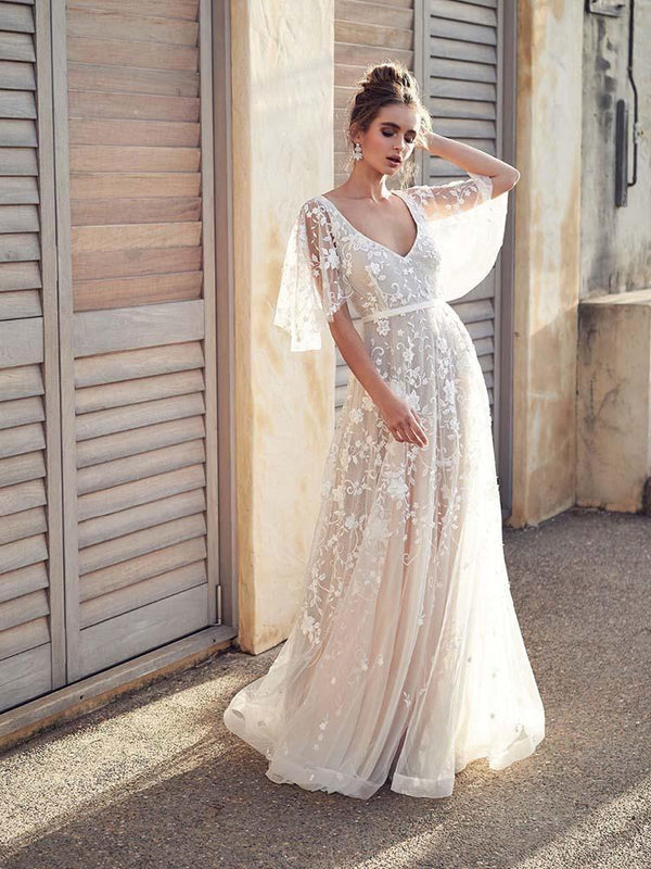 Boho Long A-line V Neck Lace Tulle Wedding Dresses with Sleeves-showprettydress