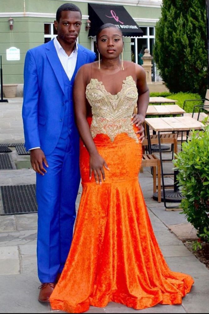 Bright Organe Sweetheart Appliques Mermaid Evening Maxi Dress Crew Neck Prom Party Gowns-showprettydress